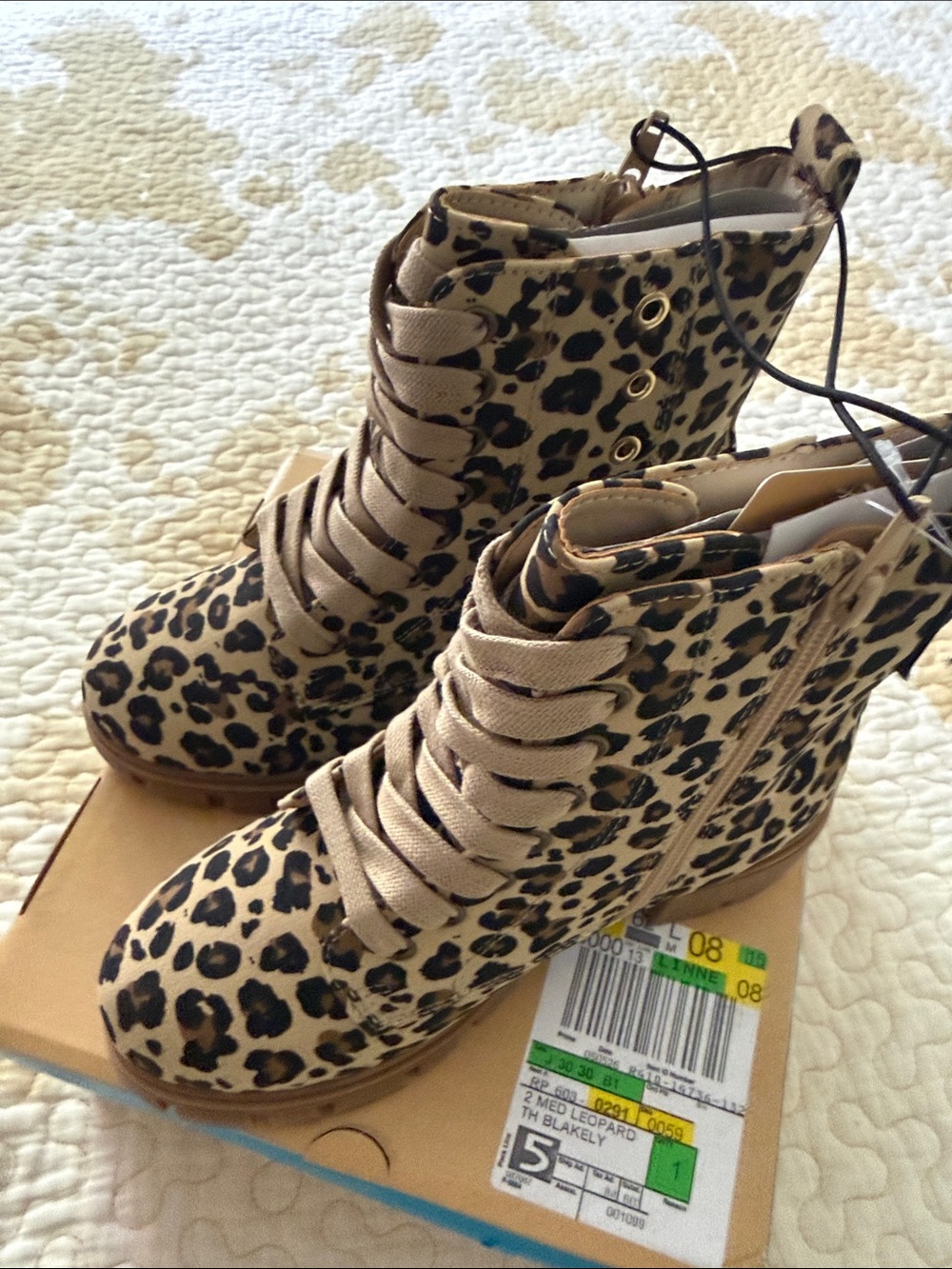 Leopard Print Lace-Up Girls  Boots - Beige Size 2 Girls